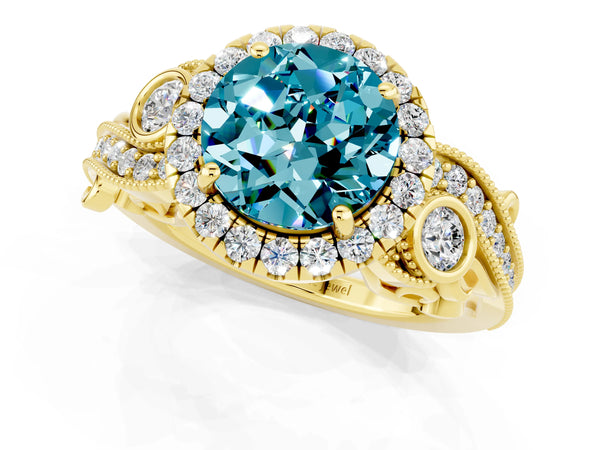Yellow gold Round Cut Blue Topaz Halo Ring with Milgrain Pavé Band and Four-Prong Setting