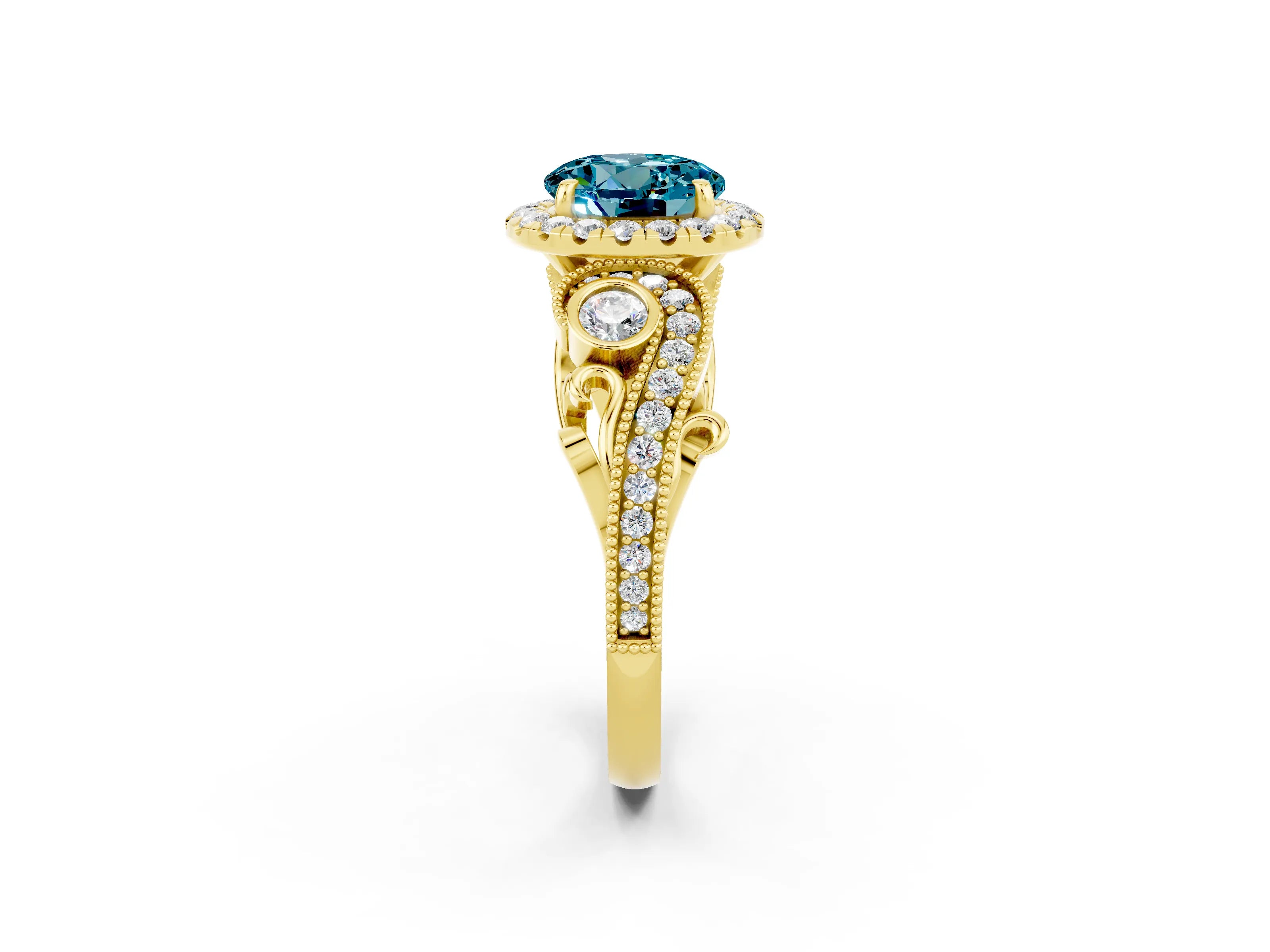 Yellow gold Round Cut Blue Topaz Halo Ring with Milgrain Pavé Band and Four-Prong Setting_14