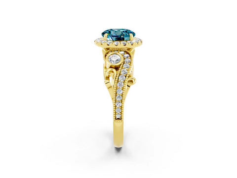 Yellow gold Round Cut Blue Topaz Halo Ring with Milgrain Pavé Band and Four-Prong Setting_14