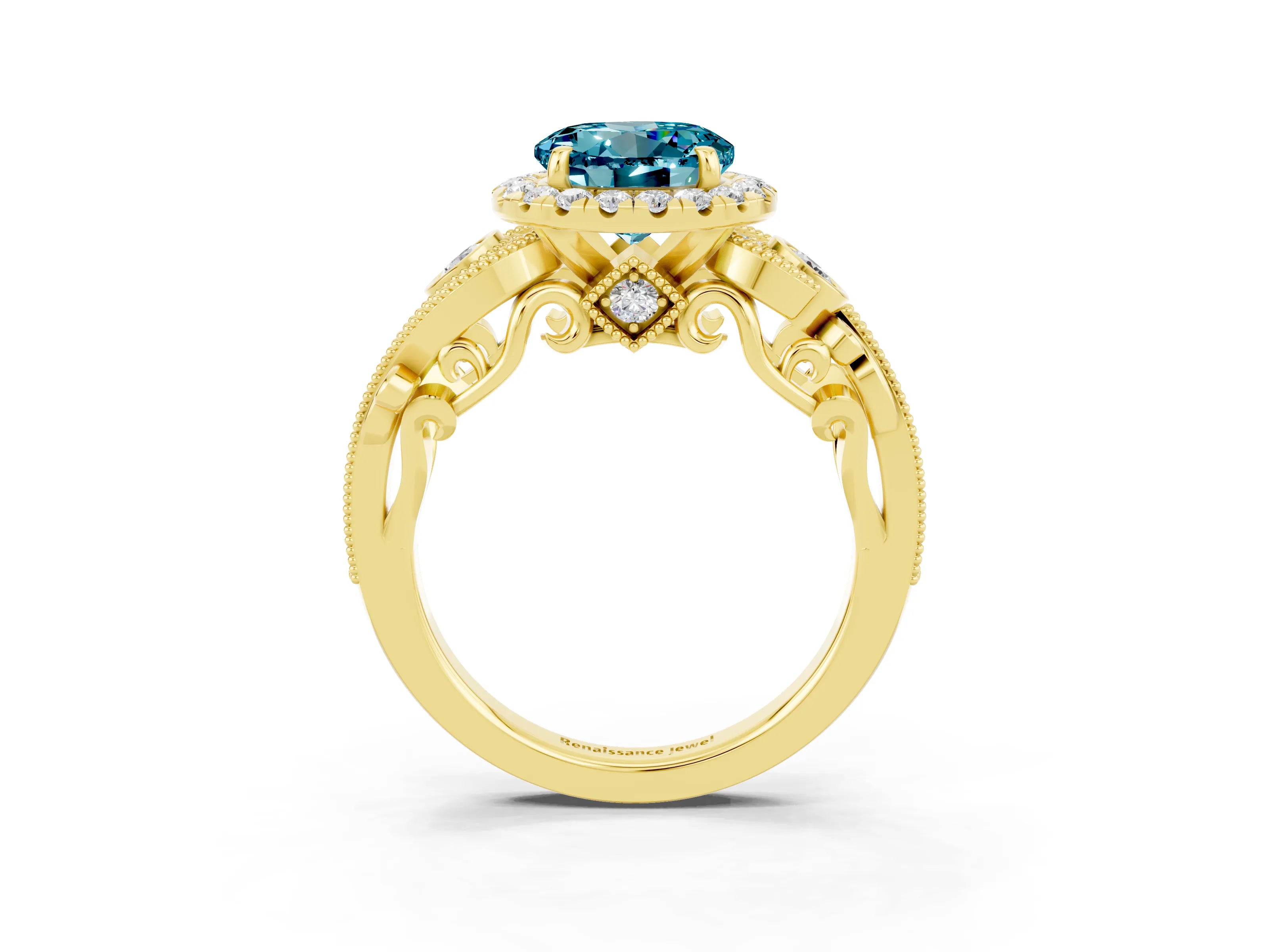 Yellow gold Round Cut Blue Topaz Halo Ring with Milgrain Pavé Band and Four-Prong Setting_15