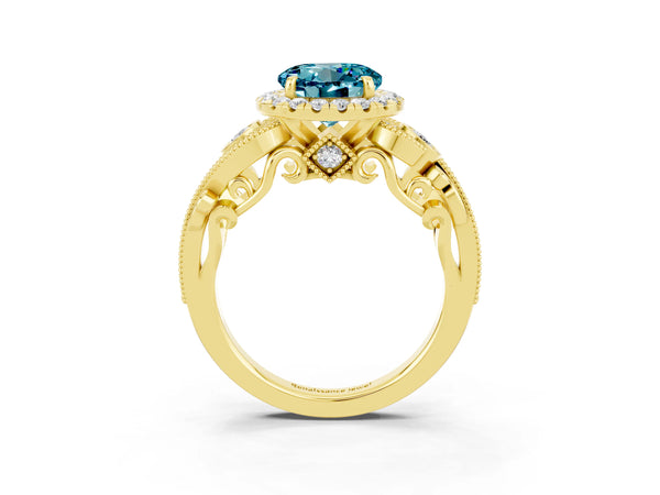 Yellow gold Round Cut Blue Topaz Halo Ring with Milgrain Pavé Band and Four-Prong Setting