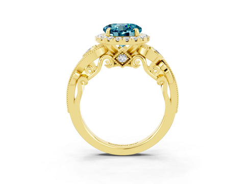 Yellow gold Round Cut Blue Topaz Halo Ring with Milgrain Pavé Band and Four-Prong Setting_15