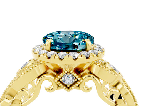 Yellow gold Round Cut Blue Topaz Halo Ring with Milgrain Pavé Band and Four-Prong Setting_16