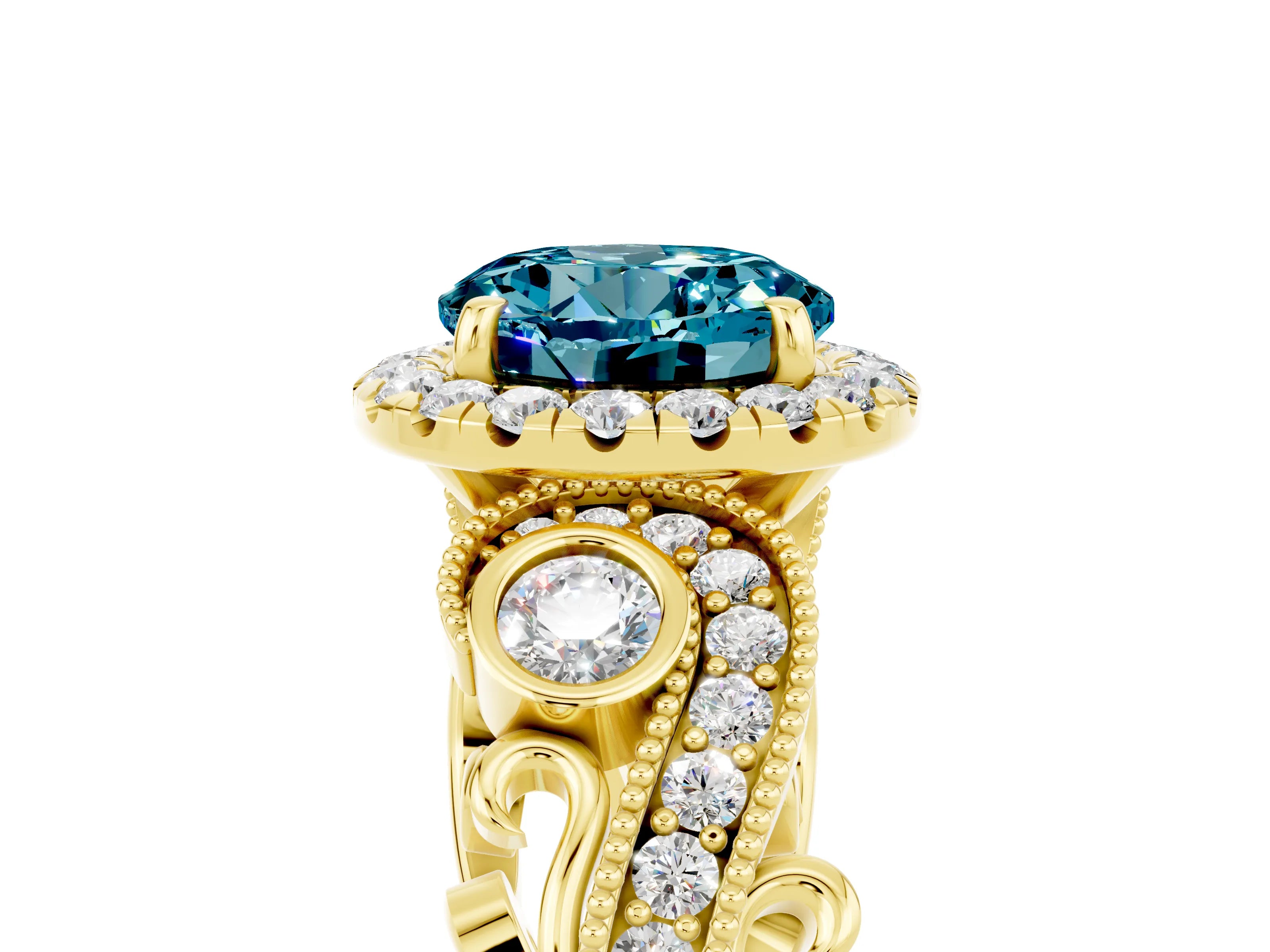 Yellow gold Round Cut Blue Topaz Halo Ring with Milgrain Pavé Band and Four-Prong Setting_17