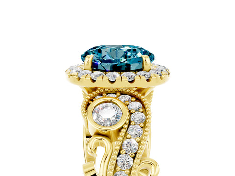 Yellow gold Round Cut Blue Topaz Halo Ring with Milgrain Pavé Band and Four-Prong Setting_17