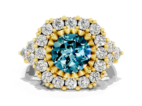 Yellow gold Round Cut Blue Topaz Halo Ring with Pavé Band and Four-Prong Setting_12