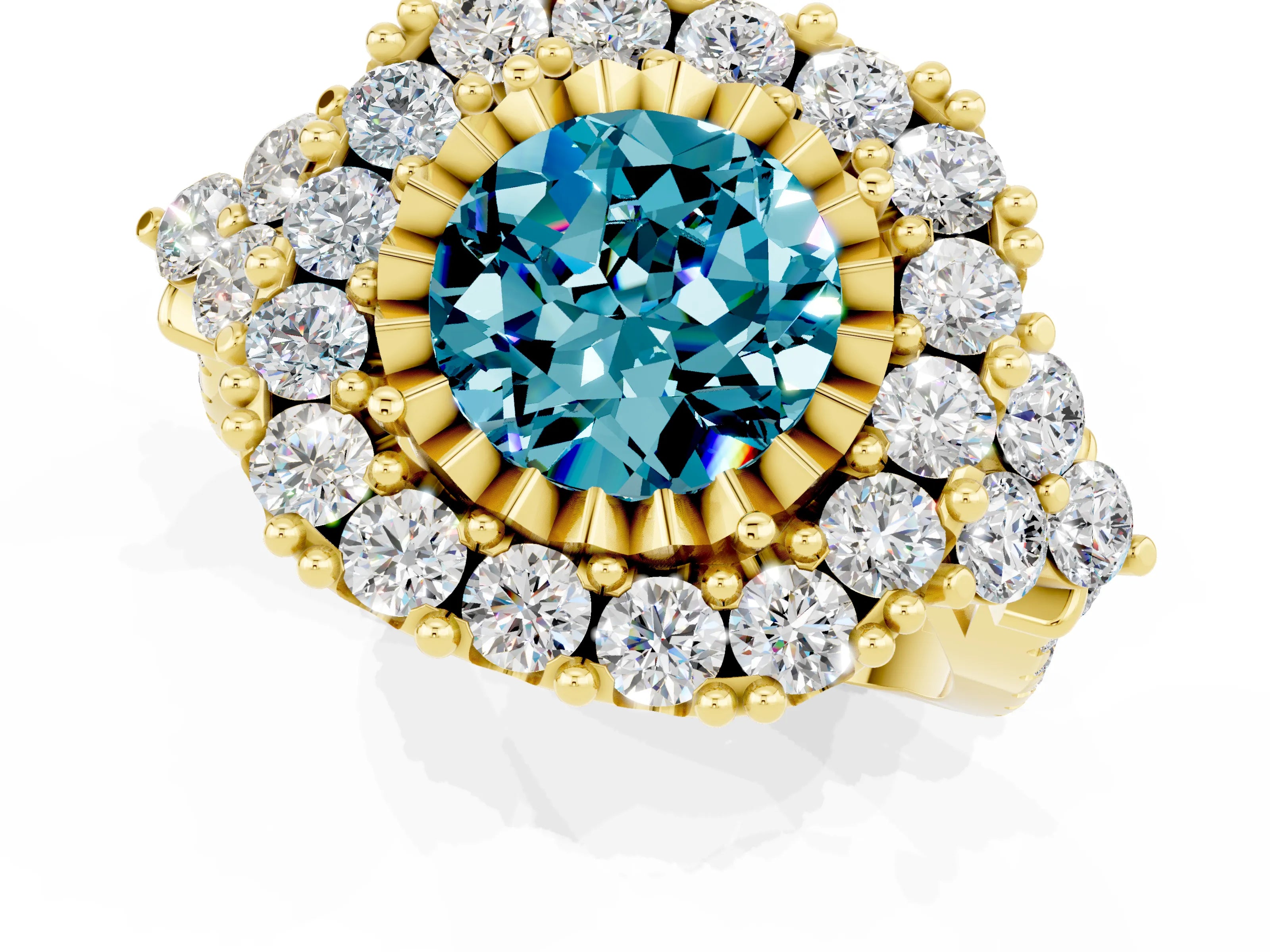 Yellow gold Round Cut Blue Topaz Halo Ring with Pavé Band and Four-Prong Setting_13