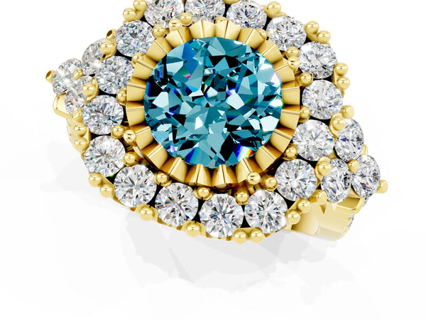 Yellow gold Round Cut Blue Topaz Halo Ring with Pavé Band and Four-Prong Setting