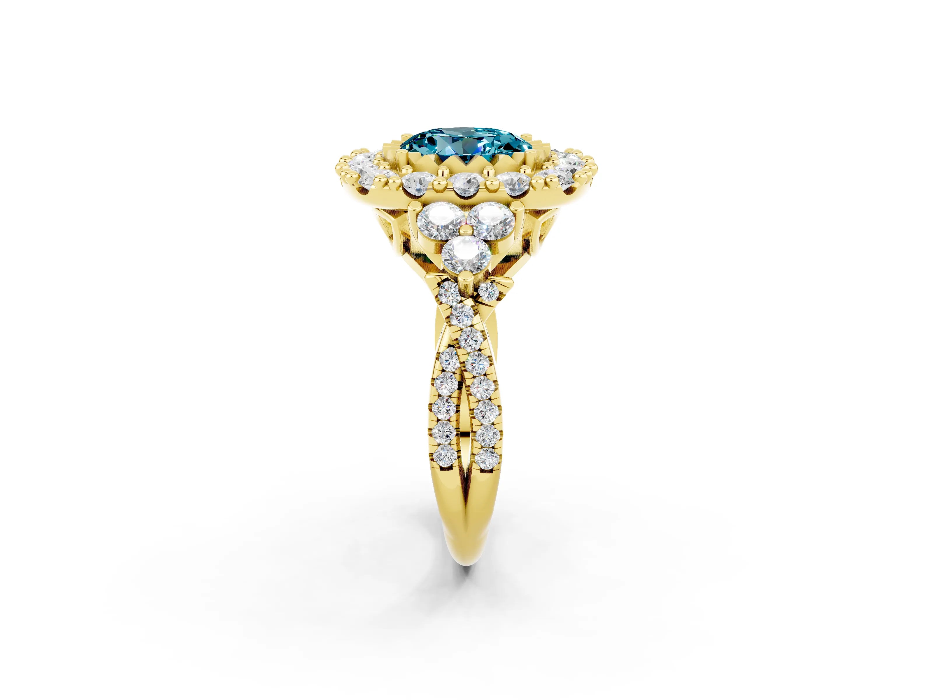 Yellow gold Round Cut Blue Topaz Halo Ring with Pavé Band and Four-Prong Setting_14