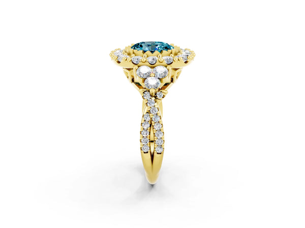 Yellow gold Round Cut Blue Topaz Halo Ring with Pavé Band and Four-Prong Setting