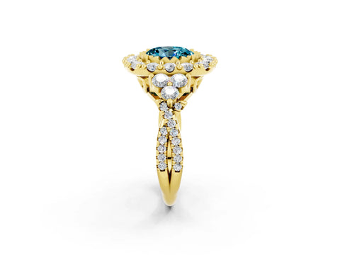 Yellow gold Round Cut Blue Topaz Halo Ring with Pavé Band and Four-Prong Setting_14