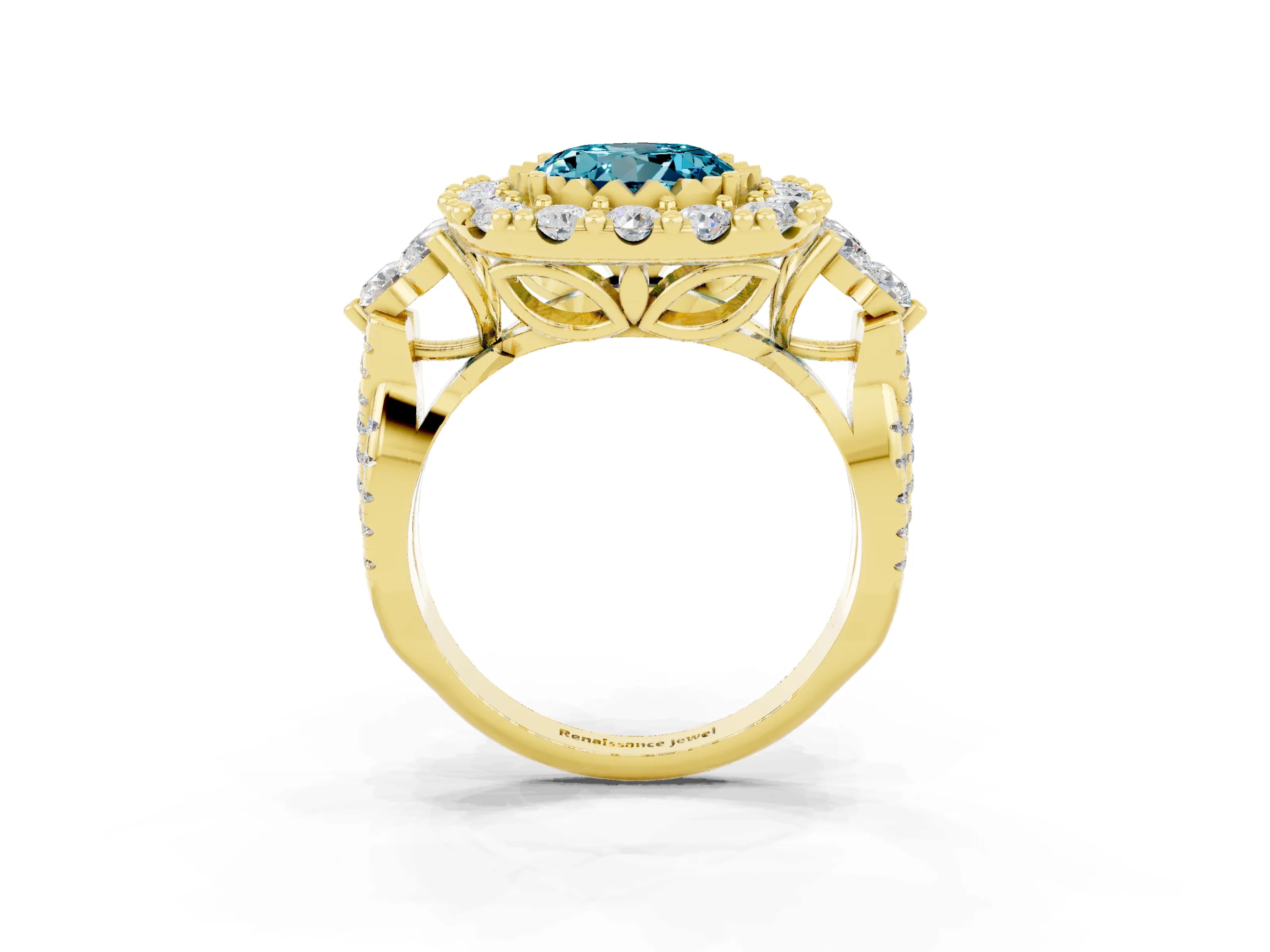 Yellow gold Round Cut Blue Topaz Halo Ring with Pavé Band and Four-Prong Setting_15