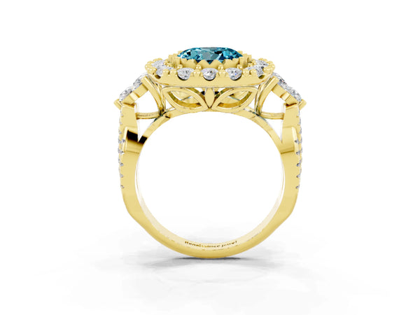 Yellow gold Round Cut Blue Topaz Halo Ring with Pavé Band and Four-Prong Setting