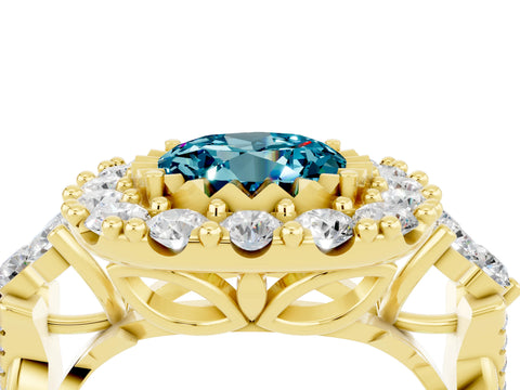 Yellow gold Round Cut Blue Topaz Halo Ring with Pavé Band and Four-Prong Setting_16