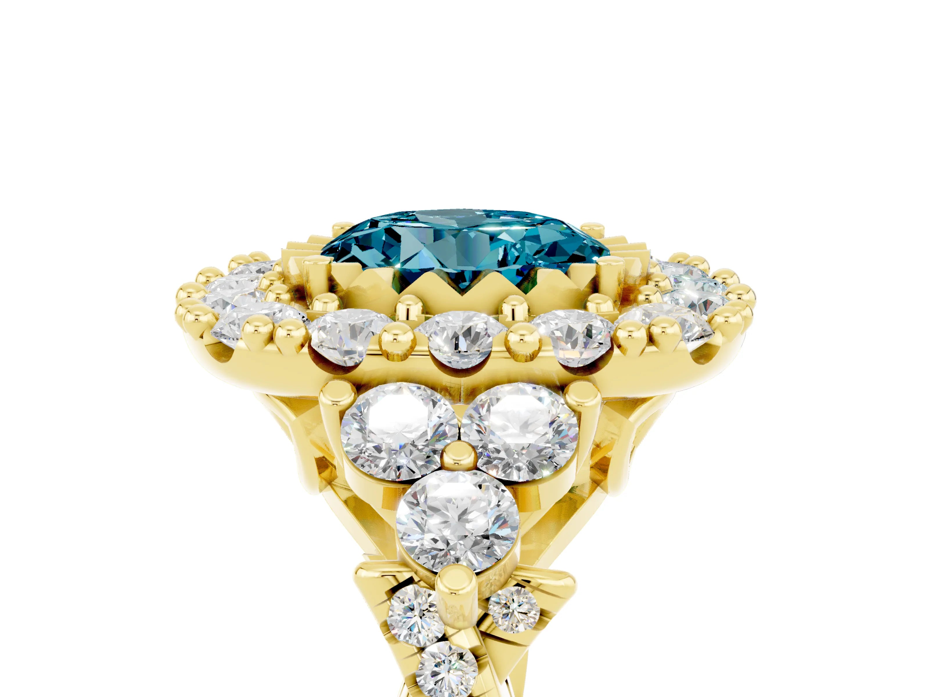 Yellow gold Round Cut Blue Topaz Halo Ring with Pavé Band and Four-Prong Setting_17