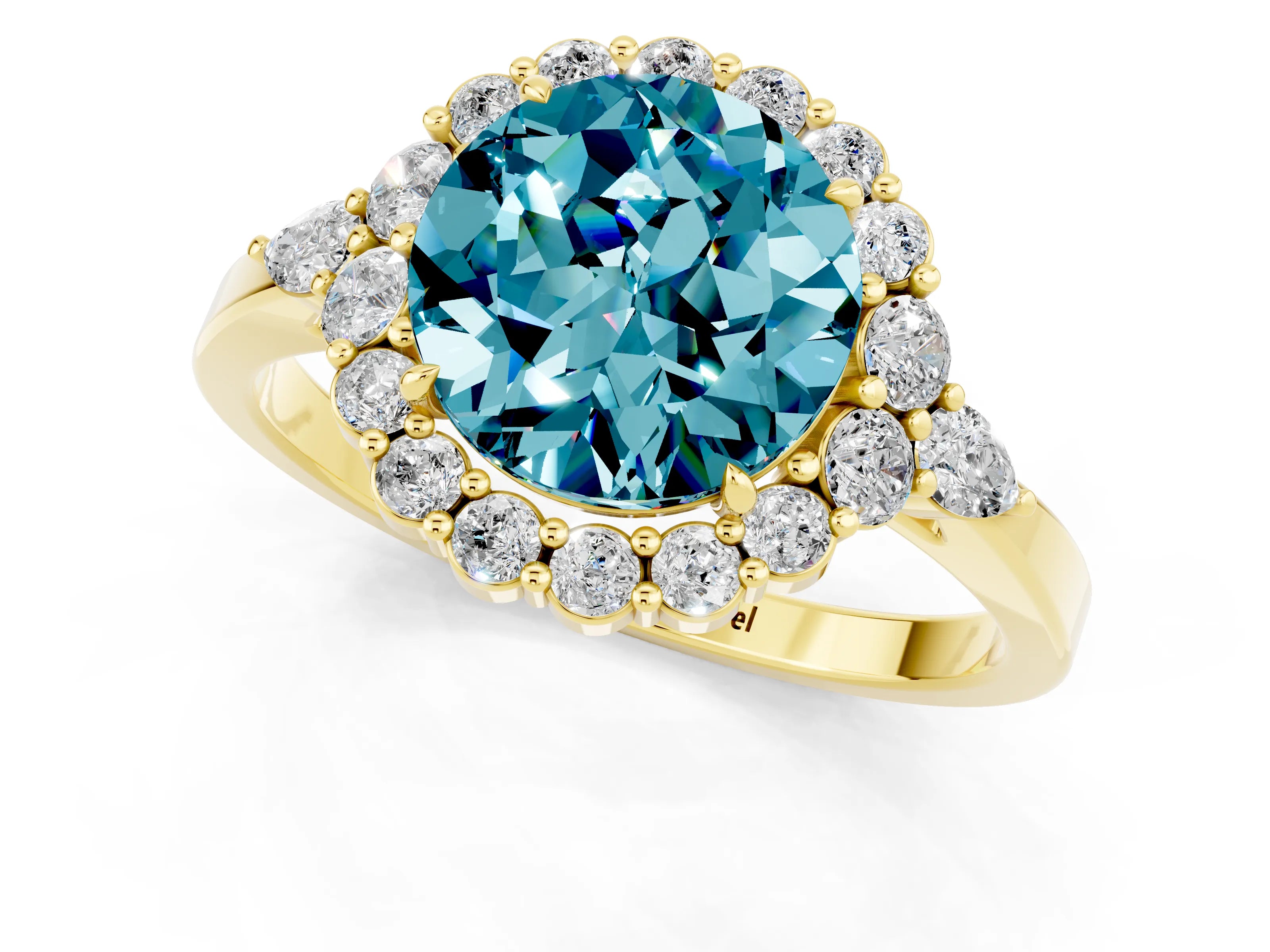 Yellow gold Round Cut Blue Topaz Halo Ring with Pear Side Stones and Prong Setting_13