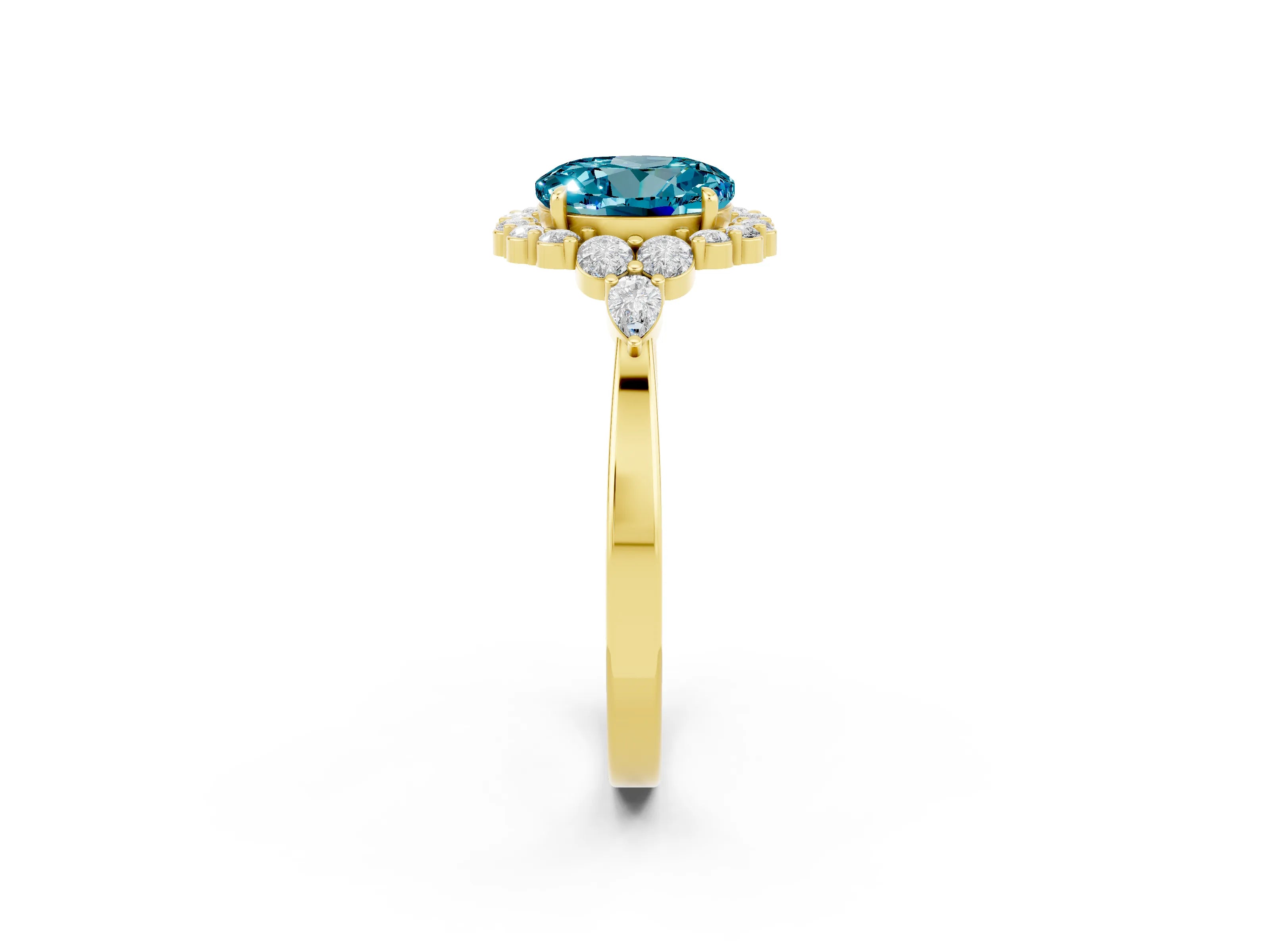 Yellow gold Round Cut Blue Topaz Halo Ring with Pear Side Stones and Prong Setting_14