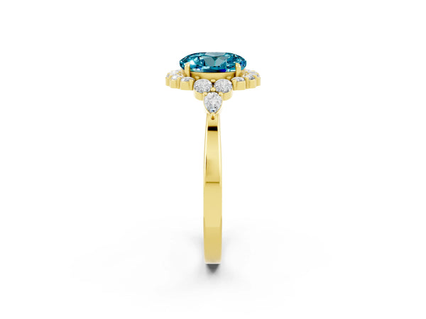 Yellow gold Round Cut Blue Topaz Halo Ring with Pear Side Stones and Prong Setting