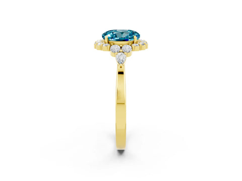Yellow gold Round Cut Blue Topaz Halo Ring with Pear Side Stones and Prong Setting_14