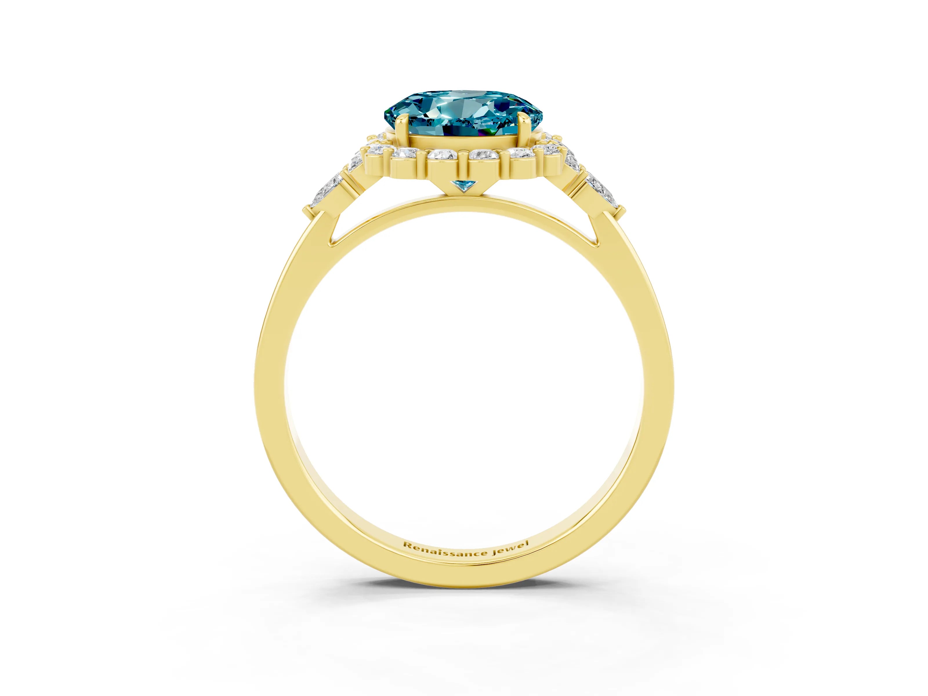 Yellow gold Round Cut Blue Topaz Halo Ring with Pear Side Stones and Prong Setting_15