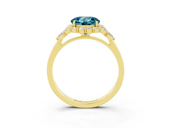 Yellow gold Round Cut Blue Topaz Halo Ring with Pear Side Stones and Prong Setting