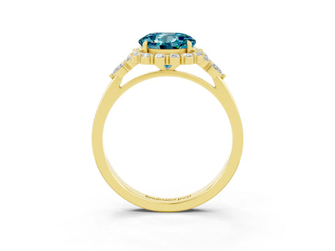 Yellow gold Round Cut Blue Topaz Halo Ring with Pear Side Stones and Prong Setting_15
