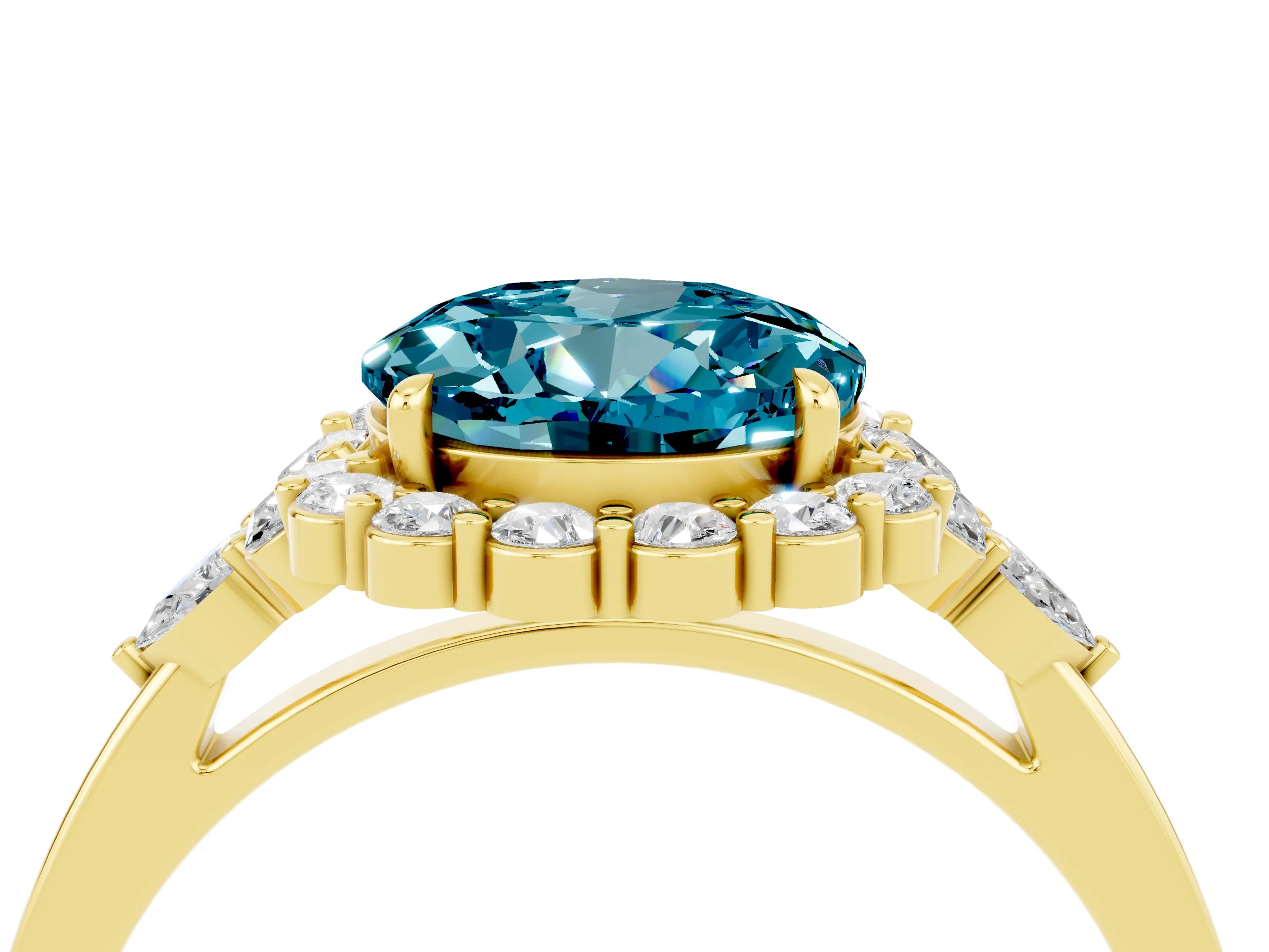 Yellow gold Round Cut Blue Topaz Halo Ring with Pear Side Stones and Prong Setting_16