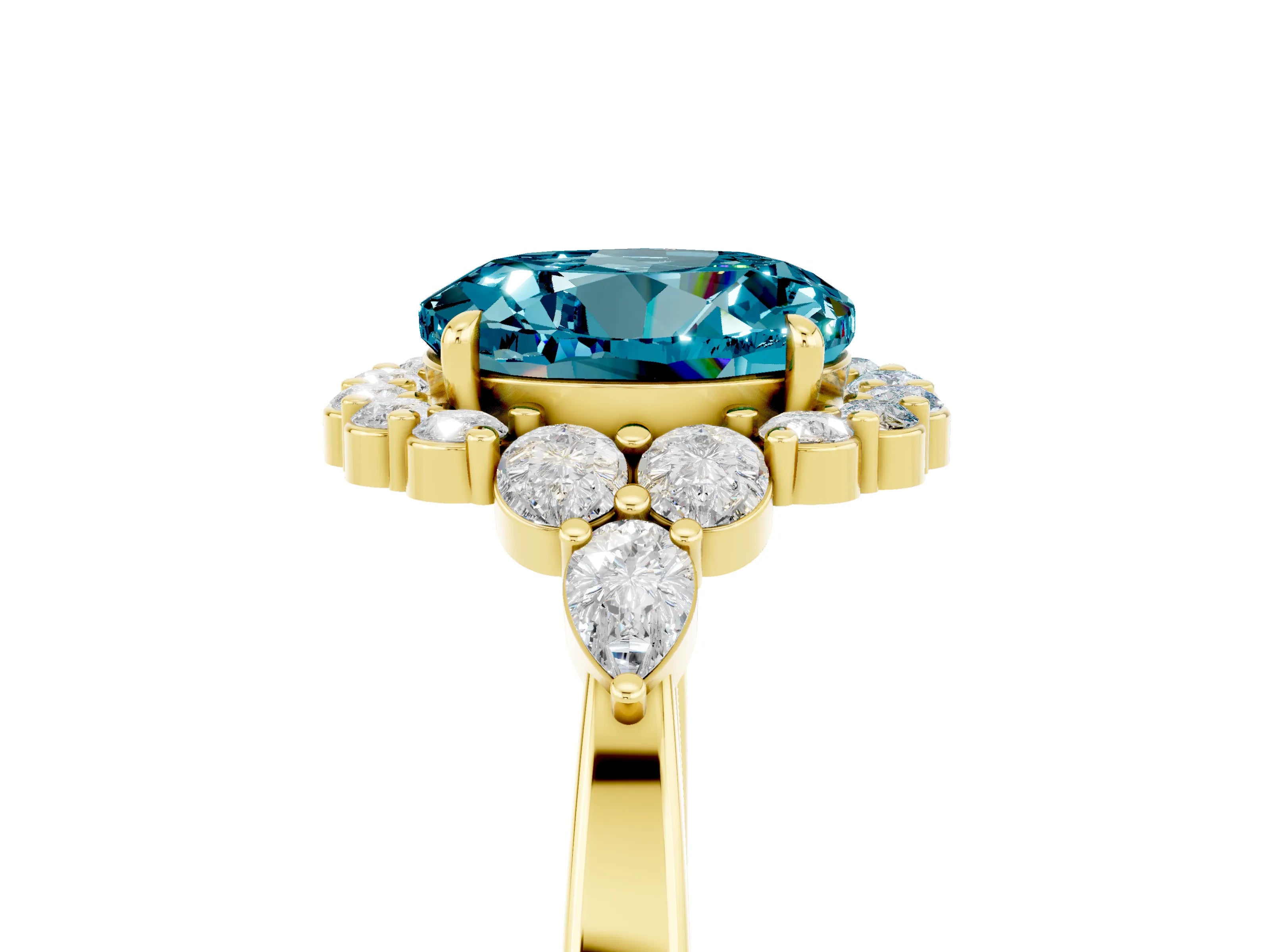 Yellow gold Round Cut Blue Topaz Halo Ring with Pear Side Stones and Prong Setting_17
