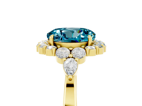 Yellow gold Round Cut Blue Topaz Halo Ring with Pear Side Stones and Prong Setting_17