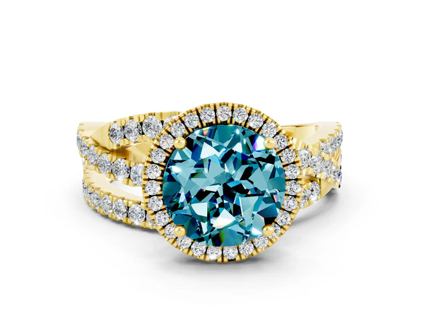 Yellow gold Round Cut Blue Topaz Halo Ring with Round Split Shank and Prong Setting