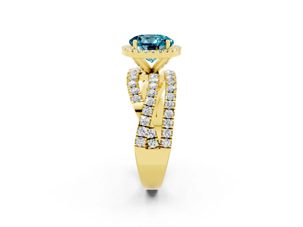 Yellow gold Round Cut Blue Topaz Halo Ring with Round Split Shank and Prong Setting