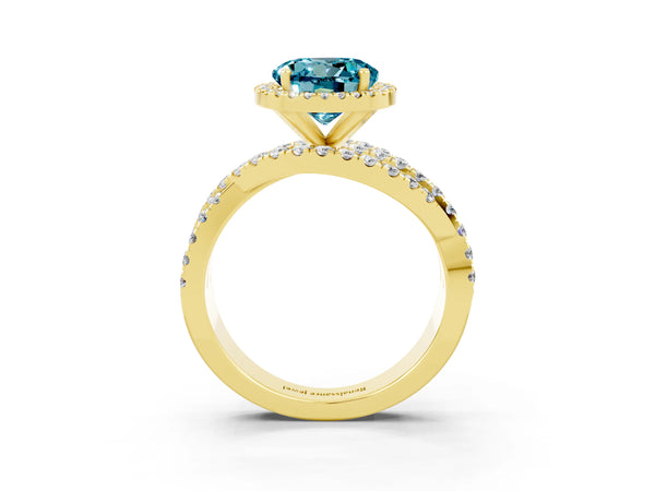 Yellow gold Round Cut Blue Topaz Halo Ring with Round Split Shank and Prong Setting