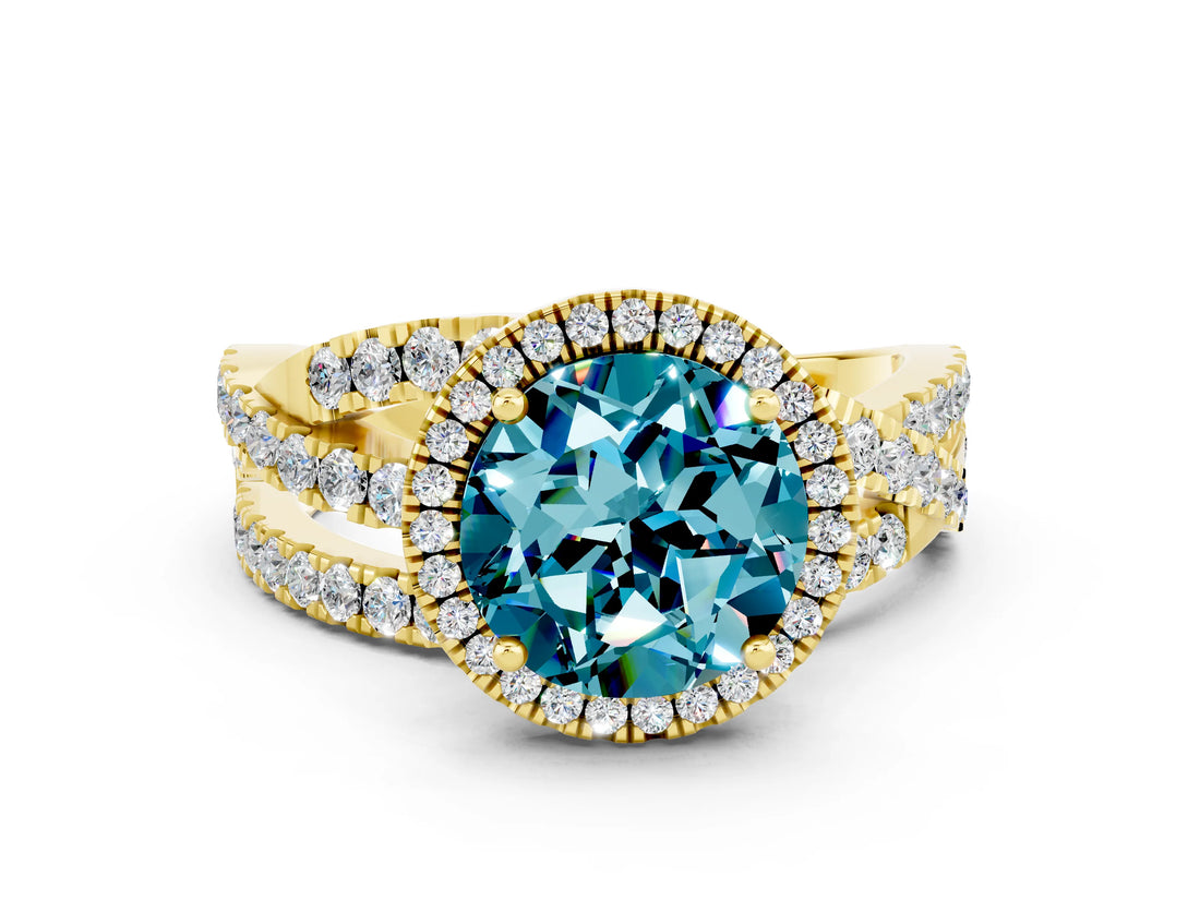 Yellow gold Round Cut Blue Topaz Halo Ring with Round Split Shank and Prong Setting_48