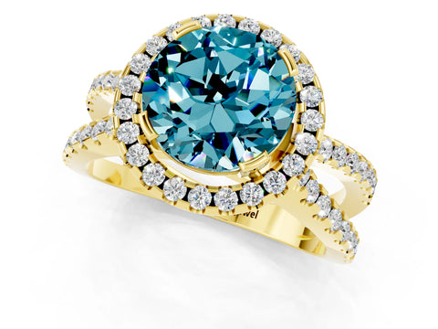 Yellow gold Round Cut Blue Topaz Halo Ring with Split Shank Pavé Band and Prong Setting_1