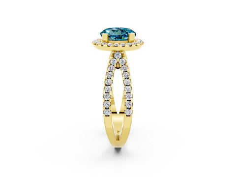 Yellow gold Round Cut Blue Topaz Halo Ring with Split Shank Pavé Band and Prong Setting_2