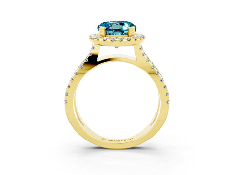 Yellow gold Round Cut Blue Topaz Halo Ring with Split Shank Pavé Band and Prong Setting_3