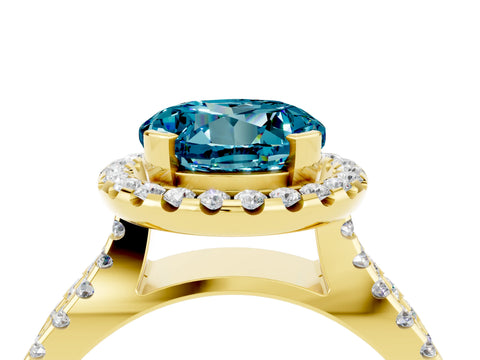 Yellow gold Round Cut Blue Topaz Halo Ring with Split Shank Pavé Band and Prong Setting_4
