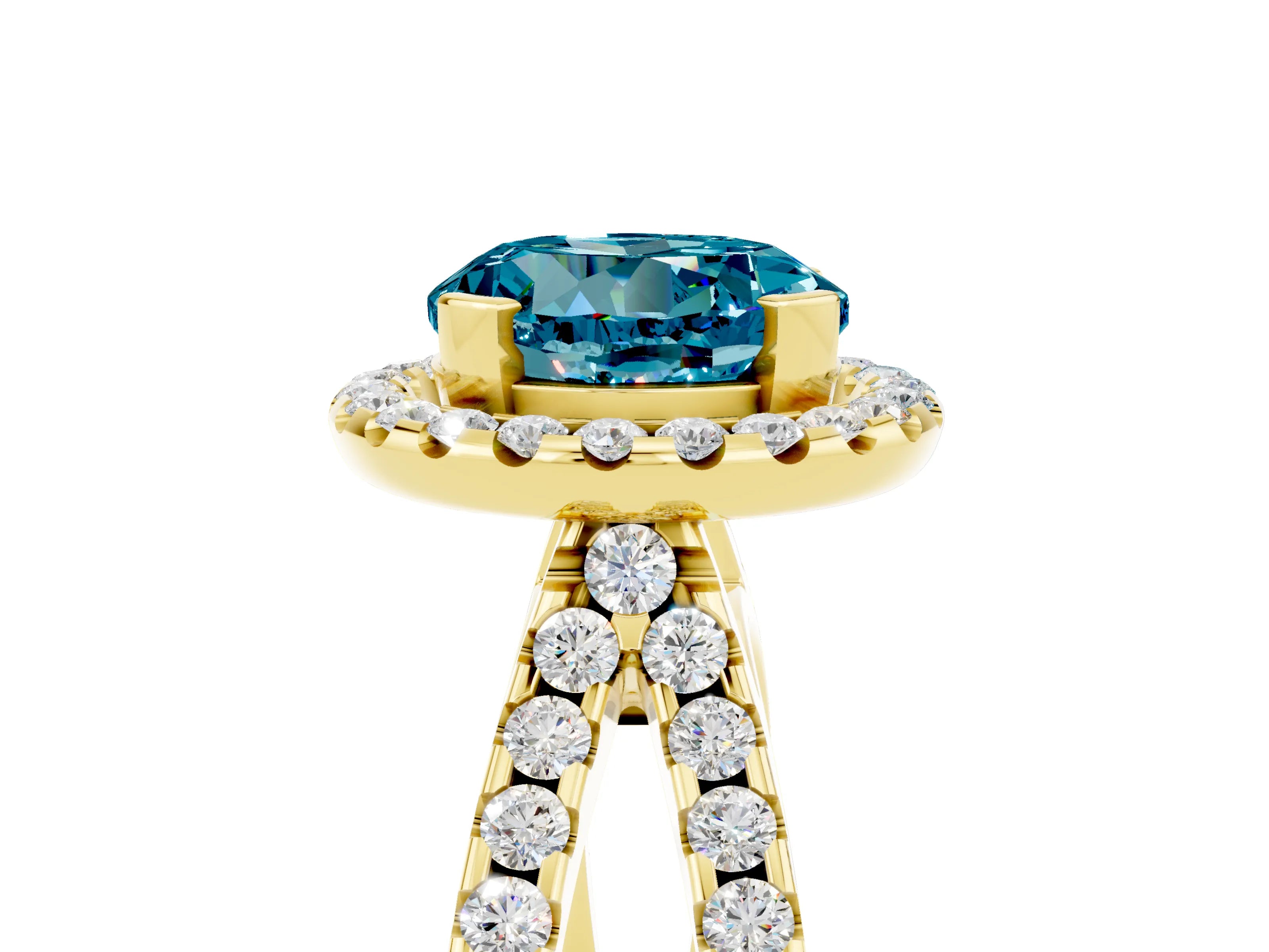 Yellow gold Round Cut Blue Topaz Halo Ring with Split Shank Pavé Band and Prong Setting_5
