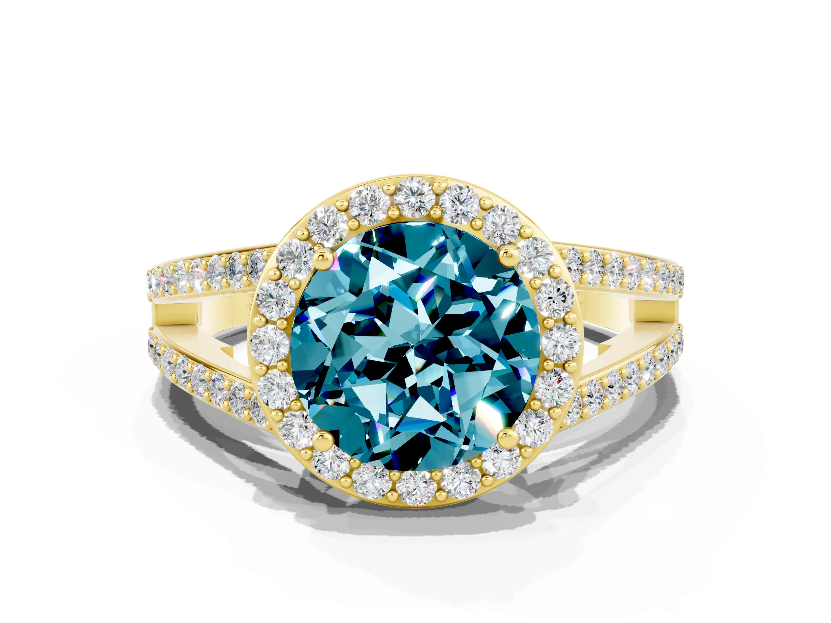 Yellow gold Round Cut Blue Topaz Halo Ring with Split Shank U-Prong Band and Four-Prong Setting