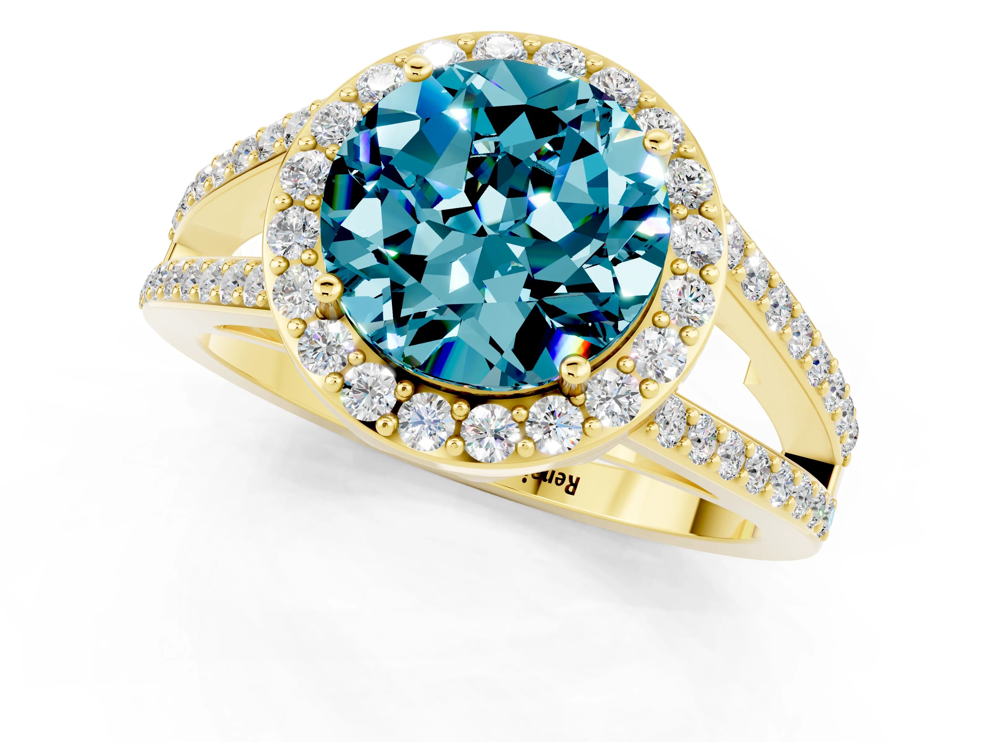 Yellow gold Round Cut Blue Topaz Halo Ring with Split Shank U-Prong Band and Four-Prong Setting_1