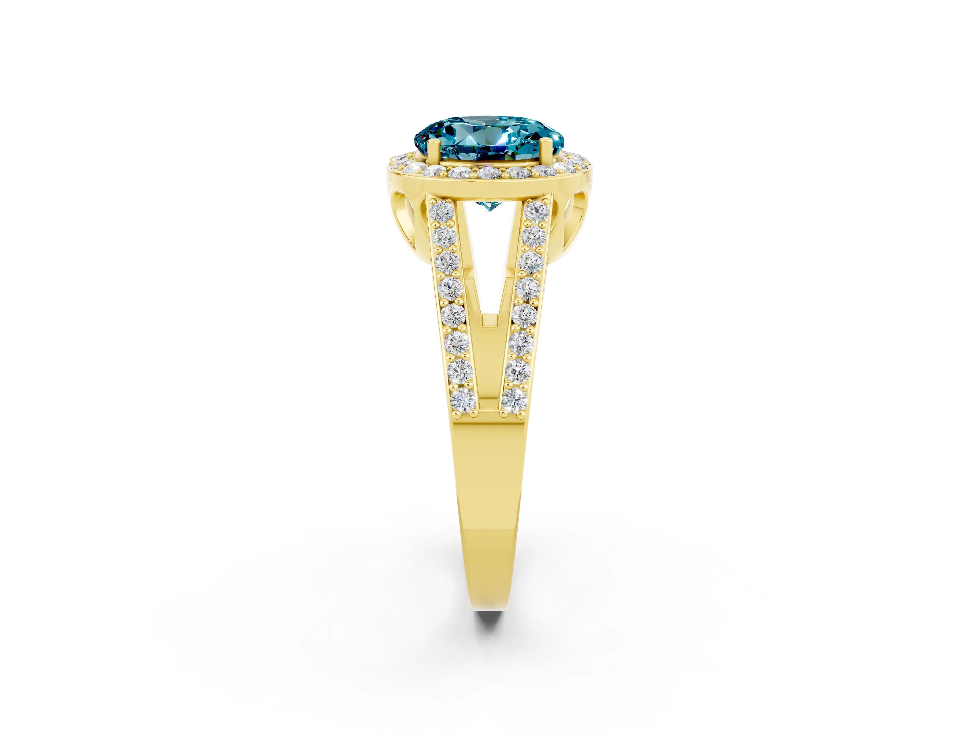 Yellow gold Round Cut Blue Topaz Halo Ring with Split Shank U-Prong Band and Four-Prong Setting_2