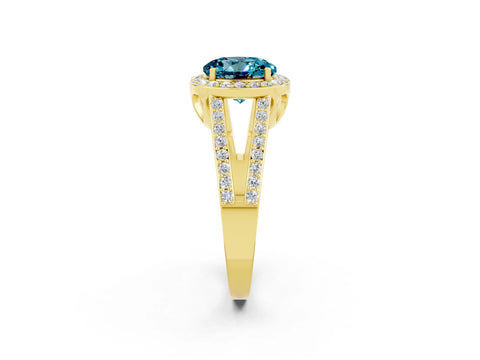 Yellow gold Round Cut Blue Topaz Halo Ring with Split Shank U-Prong Band and Four-Prong Setting_2