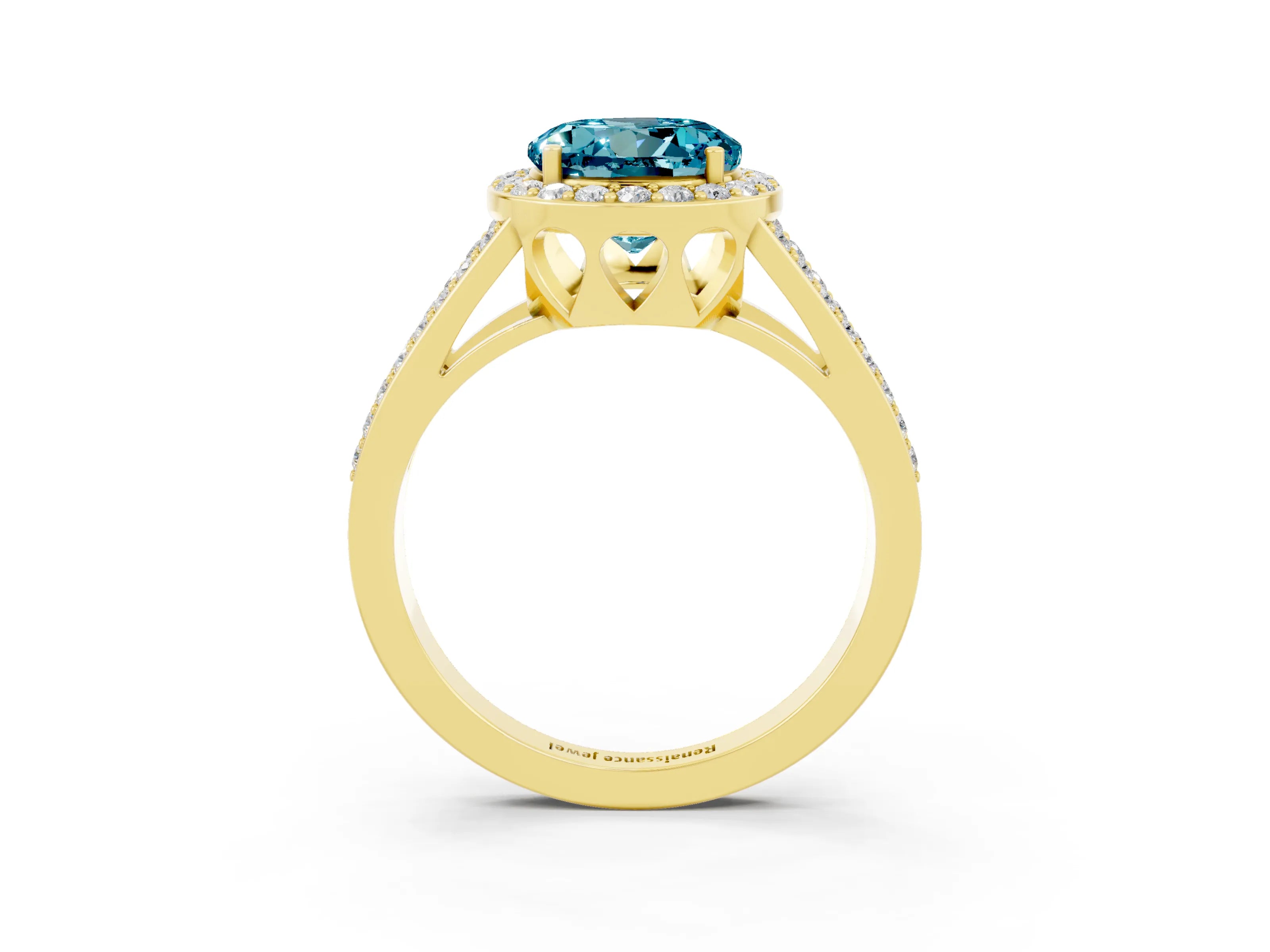 Yellow gold Round Cut Blue Topaz Halo Ring with Split Shank U-Prong Band and Four-Prong Setting_3