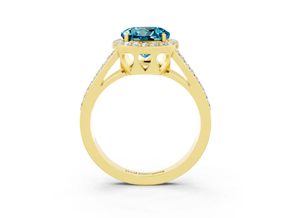 Yellow gold Round Cut Blue Topaz Halo Ring with Split Shank U-Prong Band and Four-Prong Setting