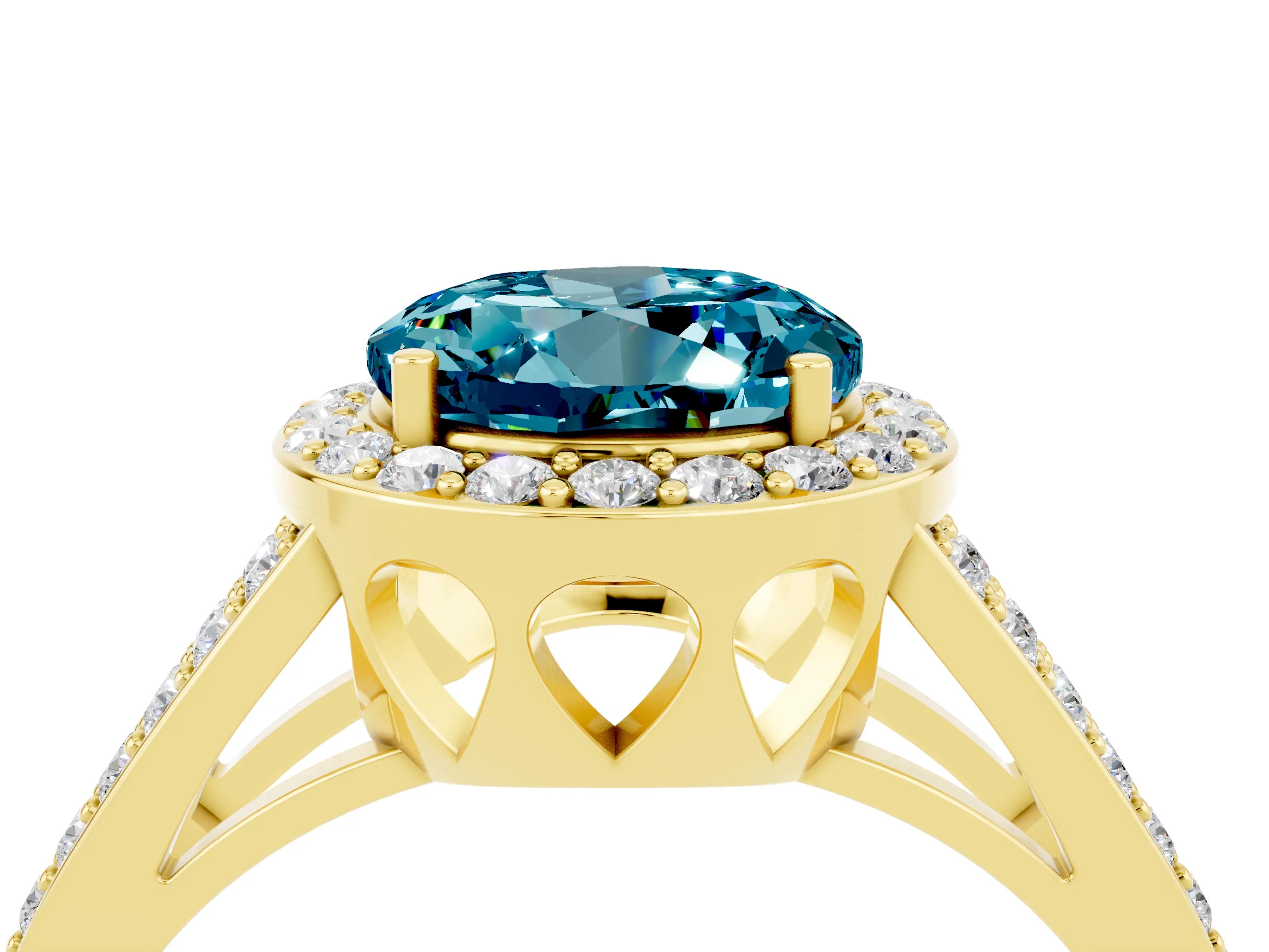Yellow gold Round Cut Blue Topaz Halo Ring with Split Shank U-Prong Band and Four-Prong Setting_4