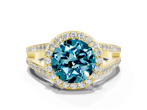 Yellow gold Round Cut Blue Topaz Halo Ring with Split Shank U-Prong Band and Four-Prong Setting