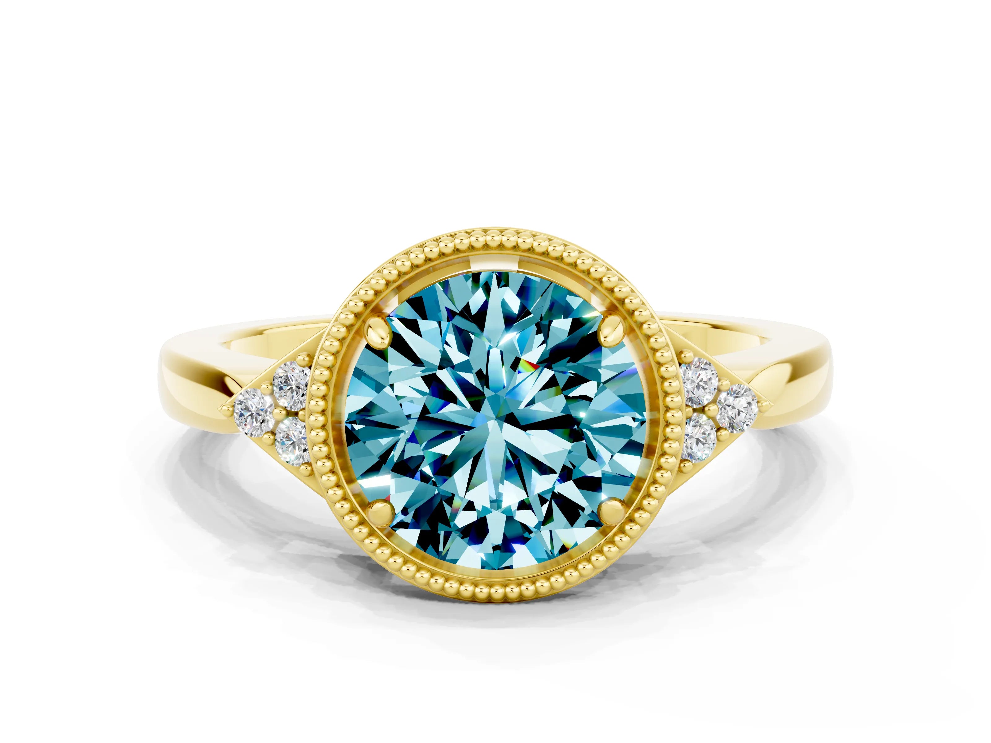 Yellow gold Round Cut Blue Topaz Halo Ring with Tapered Band and Four-Prong Setting