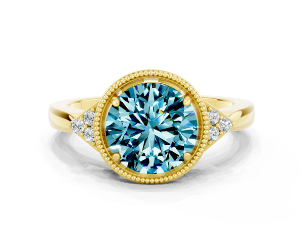 Yellow gold Round Cut Blue Topaz Halo Ring with Tapered Band and Four-Prong Setting