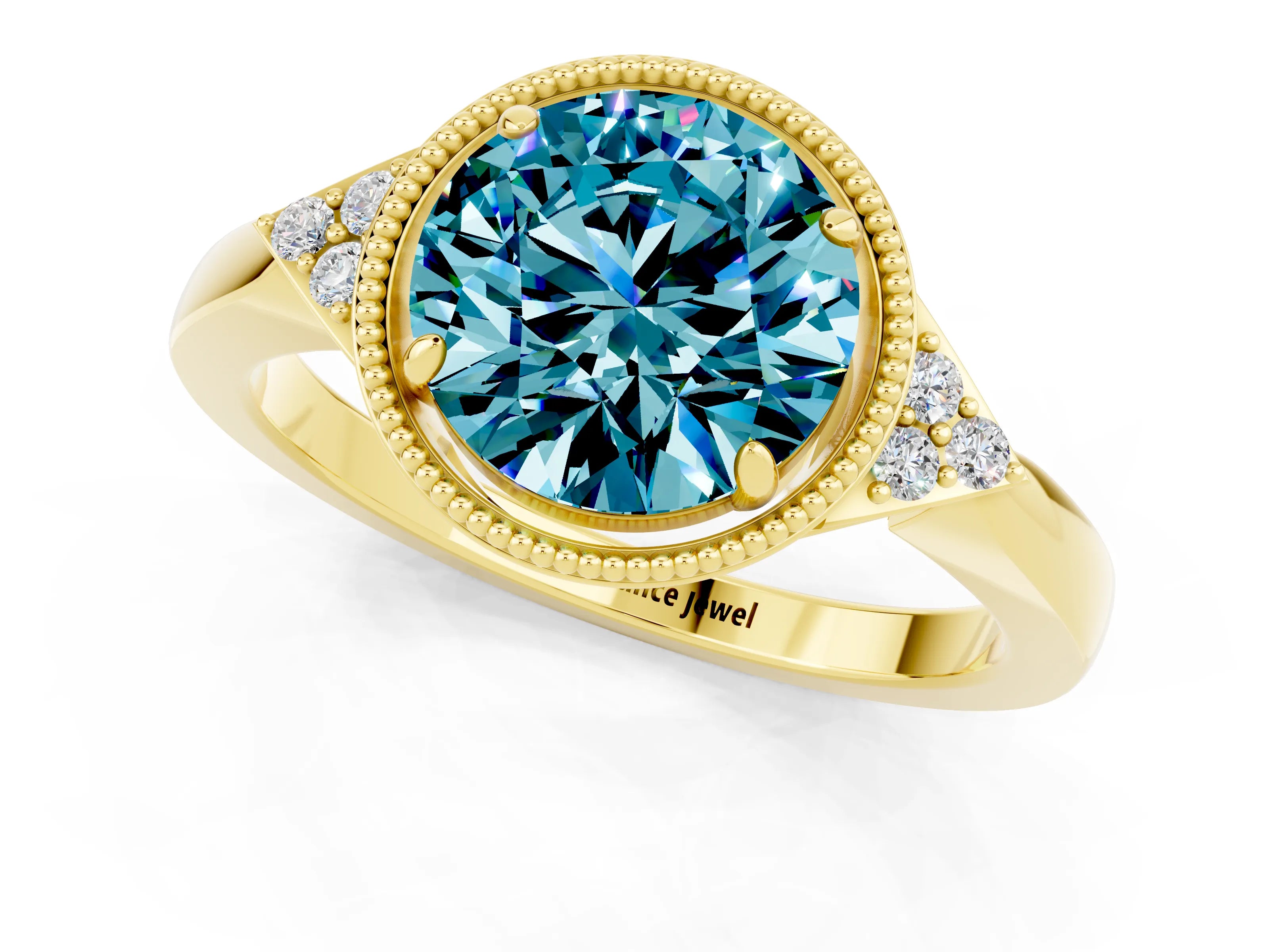 Yellow gold Round Cut Blue Topaz Halo Ring with Tapered Band and Four-Prong Setting_1