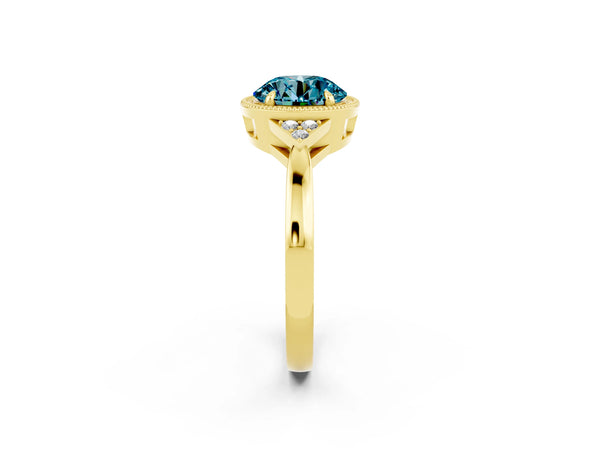 Yellow gold Round Cut Blue Topaz Halo Ring with Tapered Band and Four-Prong Setting